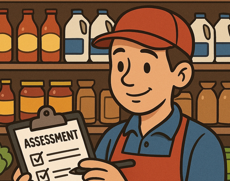 Cartoon Image of a store manager completing and assessment.